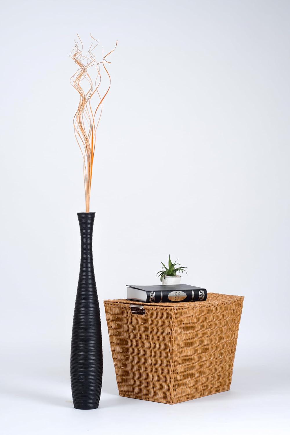 Large Black Home Decor Floor Vase - Wooden 26 Inch Tall Farmhouse Decor Flower Holder for Fake Plant and Pampas Grass
