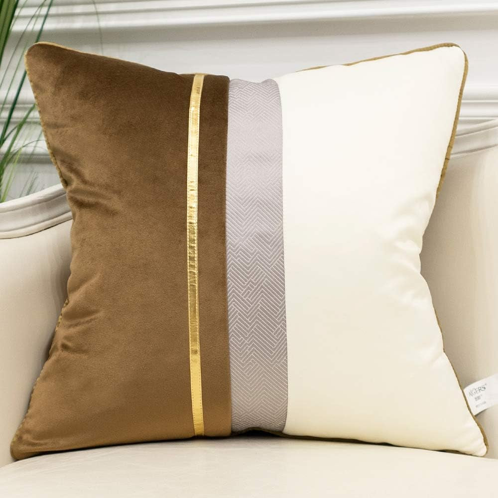 16 X 16 Inches Coffee Brown White Gold Leather Striped Patchwork Velvet Cushion Case Luxury Modern Throw Pillow Cover Decorative Pillow for Couch Living Room Bedroom Car