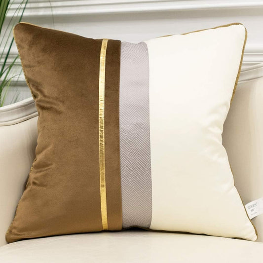 16 X 16 Inches Coffee Brown White Gold Leather Striped Patchwork Velvet Cushion Case Luxury Modern Throw Pillow Cover Decorative Pillow for Couch Living Room Bedroom Car