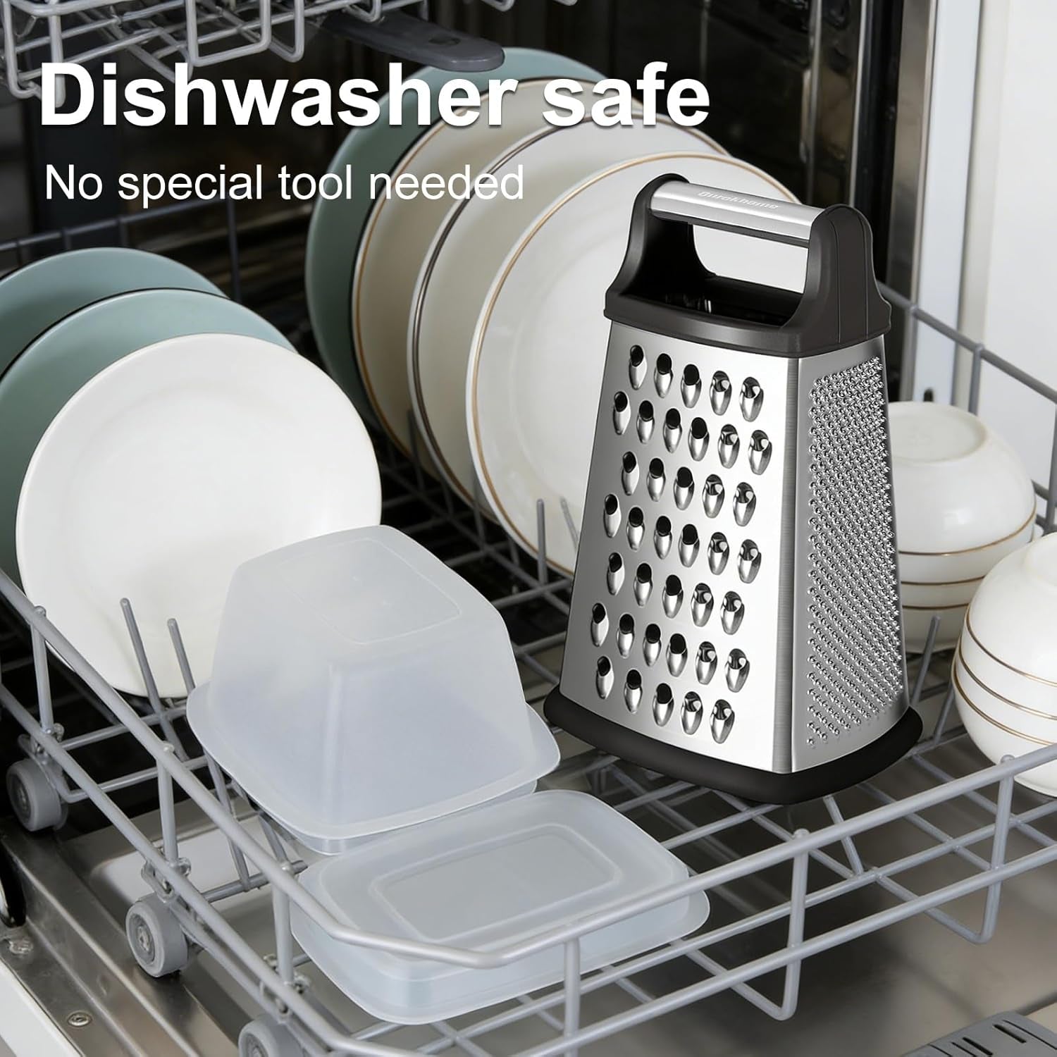 Cheese Grater, Handheld Box Grater with Container & Lid, 4-Sided Stainless Steel for Kitchen, Wavy Julienne, Slicer, Coarse Shred & Fine Zester, Non-Slip Base, Dishwasher Safe, 8 Inch