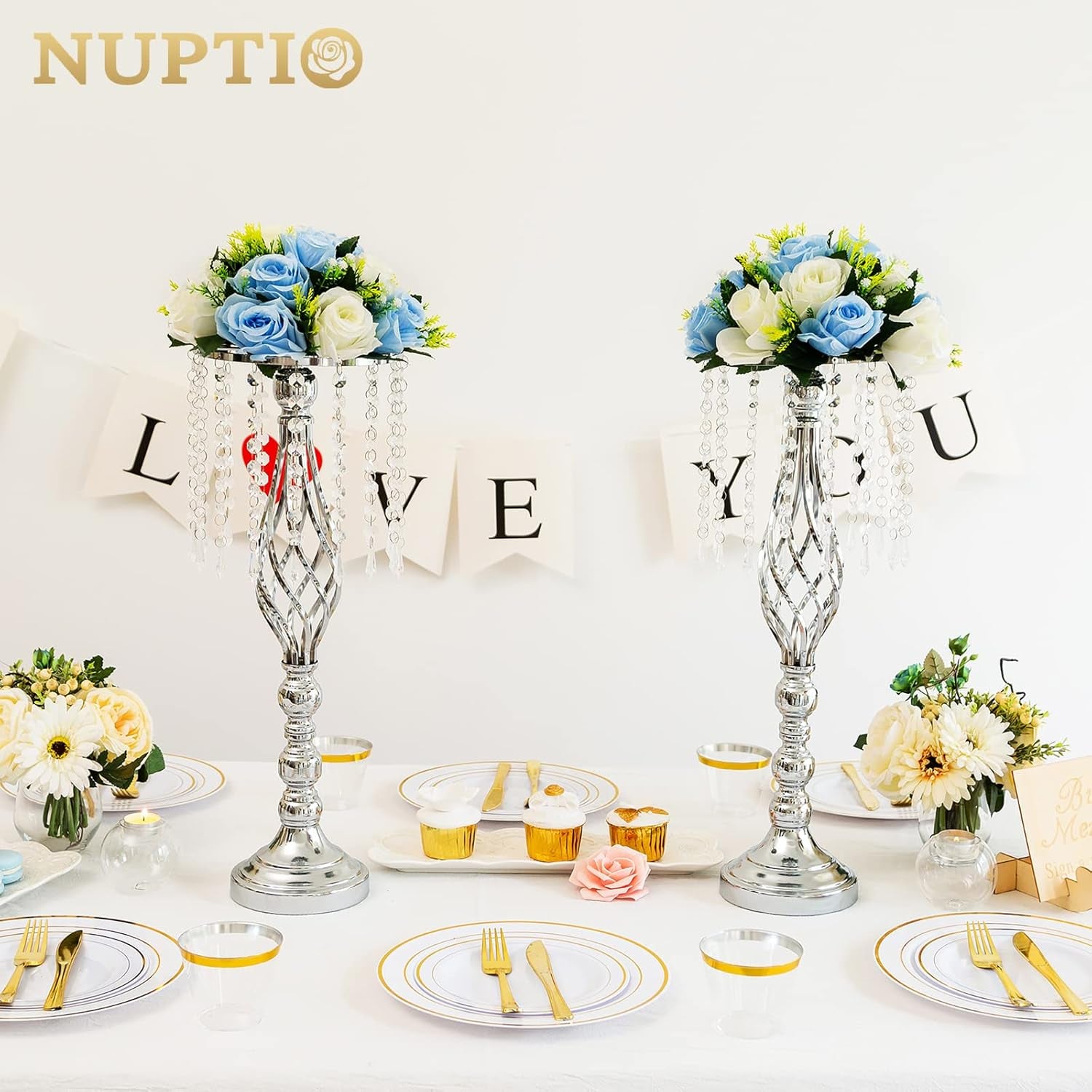 10 Pcs Silver Wedding Centerpieces Flower Stand, 21.7In/55Cm Height Wedding Road Lead Flower Vases, Crystal Artificial Flower Arrangements for Wedding Party Birthday Event Reception Home Decor
