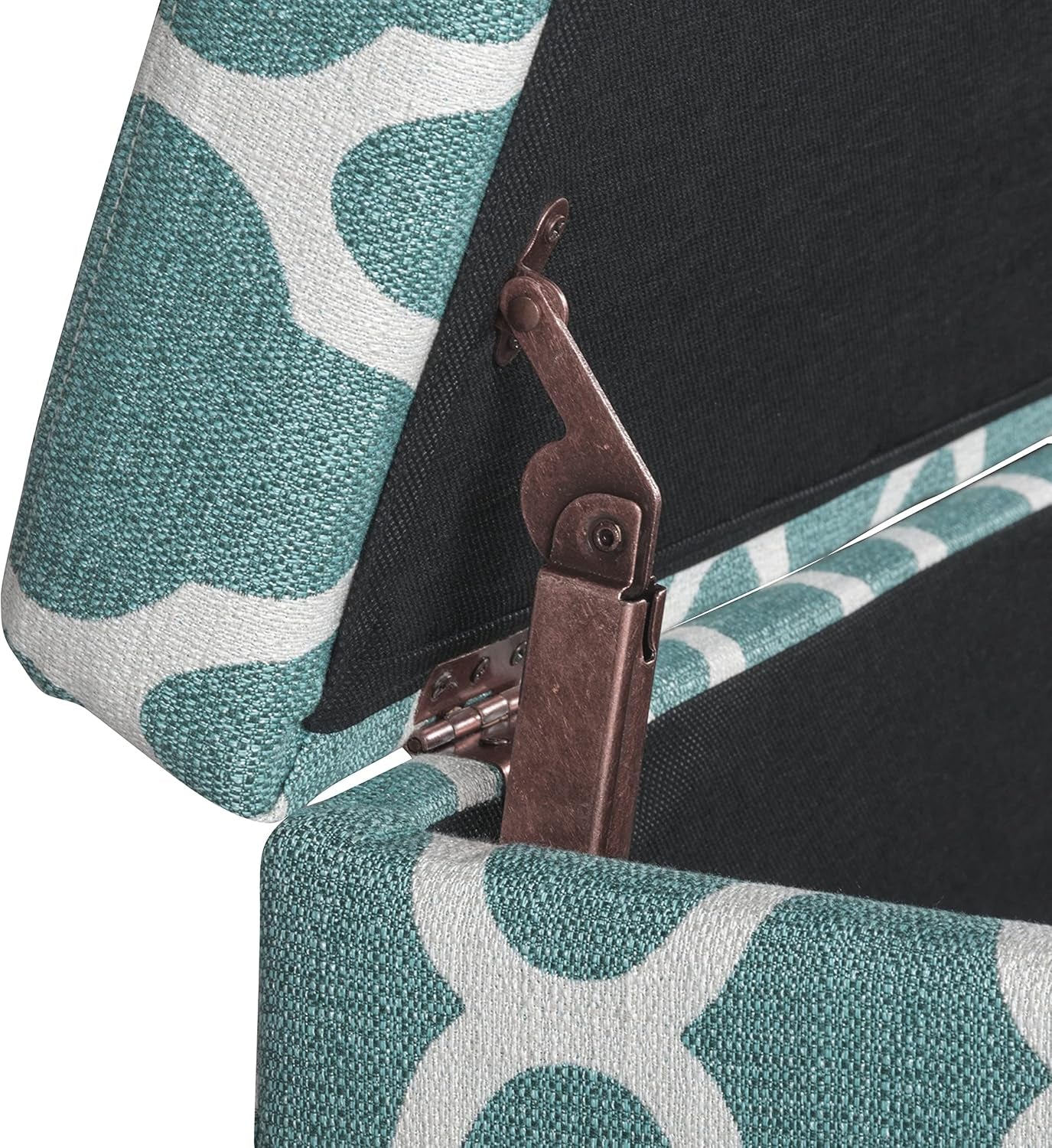 Large Upholstered Rectangular Storage Ottoman Bench with Hinged Lid, Teal Blue Geometric