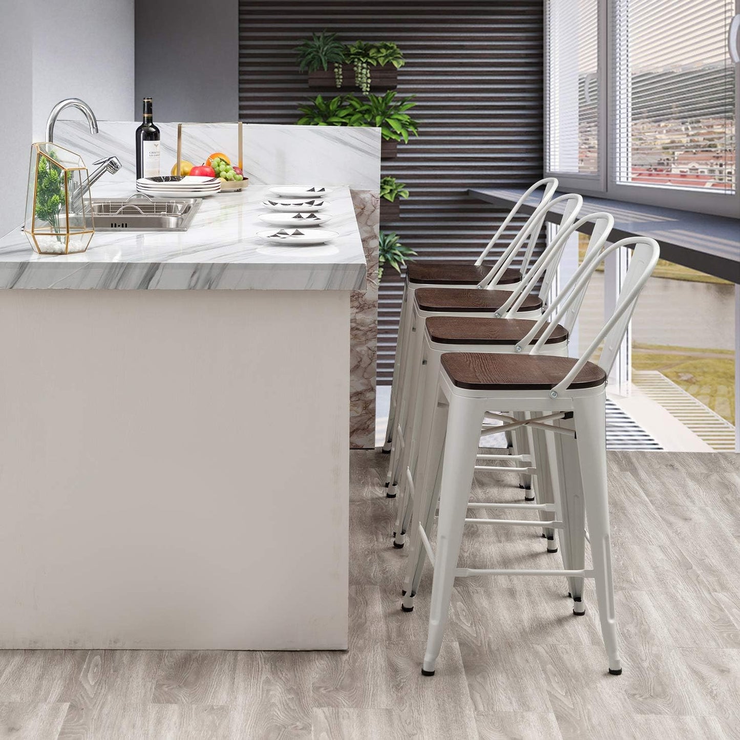 Metal Bar Stools Set of 4,24 Inch Barstools Counter Height Bar Stool with Back Farmhouse Bar Stools with Larger Seat High Back Kitchen Dining Chairs Modern Bar Chairs White Cream Stool