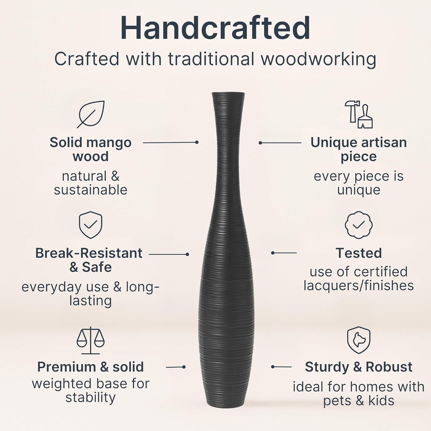 Large Black Home Decor Floor Vase - Wooden 26 Inch Tall Farmhouse Decor Flower Holder for Fake Plant and Pampas Grass