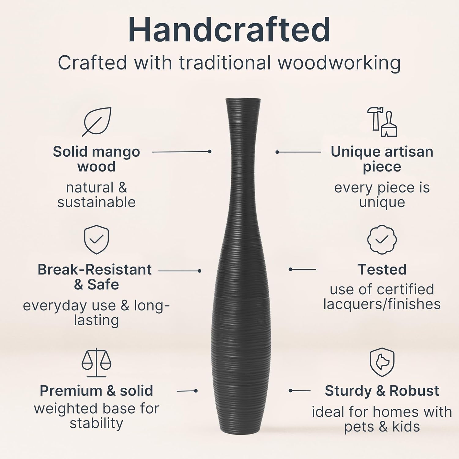 Large Black Home Decor Floor Vase - Wooden 26 Inch Tall Farmhouse Decor Flower Holder for Fake Plant and Pampas Grass