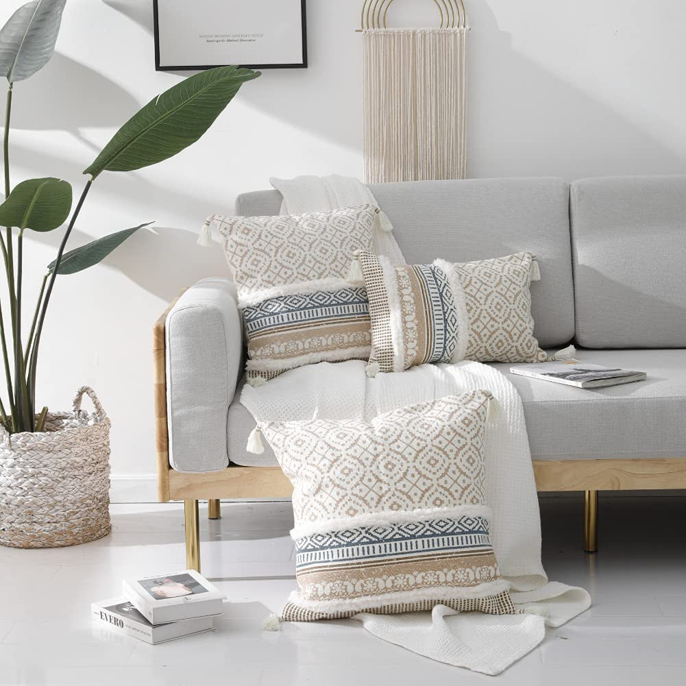 Boho Tufted Decorative Throw Pillow Covers, Modern Moroccan Style with Tassels, Accent Pillow Cases for Couch, Sofa, Bedroom, Car, or Hotel, 18X18 Inches, Khaki