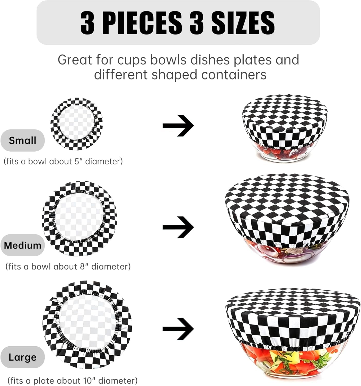 Elastic Reusable Bowl Covers for Bread Proofing, Fabric Cloth Sourdough Bowl Covers for Proofing - Set of 3, Black Checkerboard