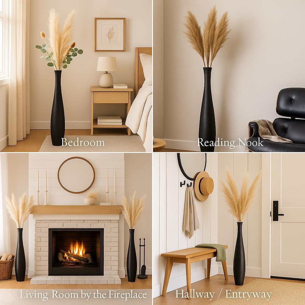 Large Black Home Decor Floor Vase - Wooden 26 Inch Tall Farmhouse Decor Flower Holder for Fake Plant and Pampas Grass