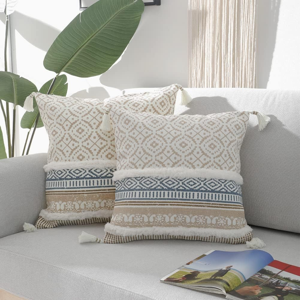 Boho Tufted Decorative Throw Pillow Covers, Modern Moroccan Style with Tassels, Accent Pillow Cases for Couch, Sofa, Bedroom, Car, or Hotel, 18X18 Inches, Khaki