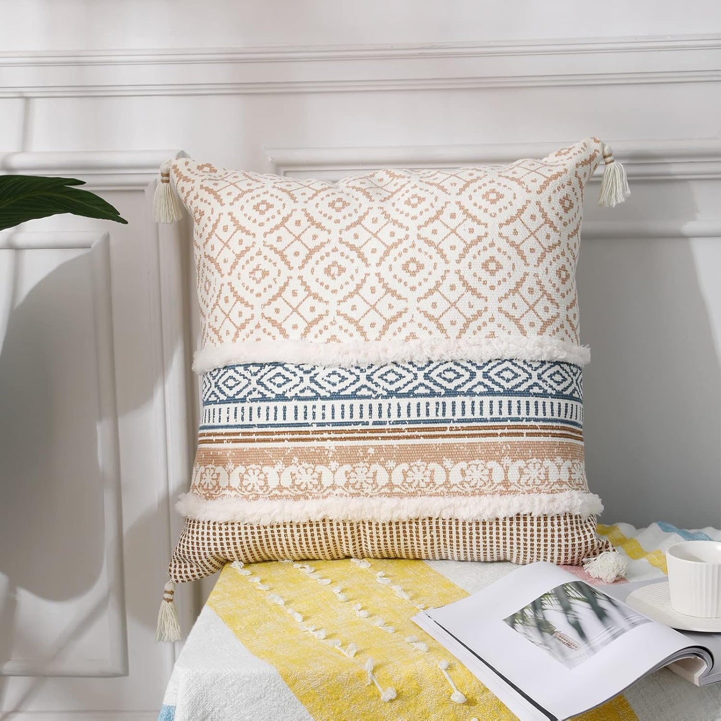Boho Tufted Decorative Throw Pillow Covers, Modern Moroccan Style with Tassels, Accent Pillow Cases for Couch, Sofa, Bedroom, Car, or Hotel, 18X18 Inches, Khaki
