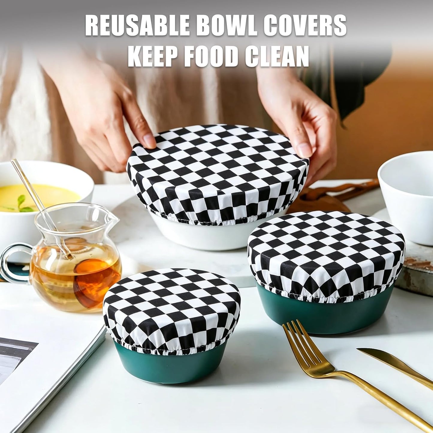 Elastic Reusable Bowl Covers for Bread Proofing, Fabric Cloth Sourdough Bowl Covers for Proofing - Set of 3, Black Checkerboard