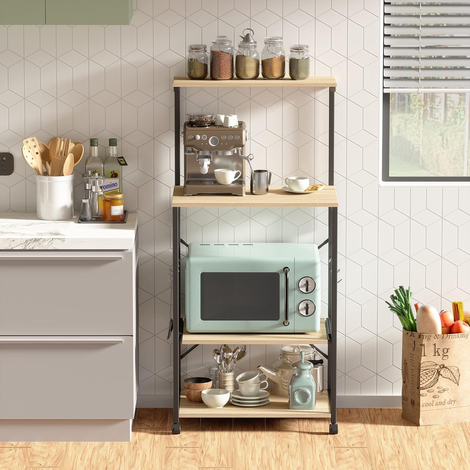 Kitchen Baker'S Rack Utility Storage Shelf Microwave Stand Cart on Wheels with Side Hooks, Kitchen Organizer Rack 4 Tier Shelves Adjustable Feet P2 Wood Oak