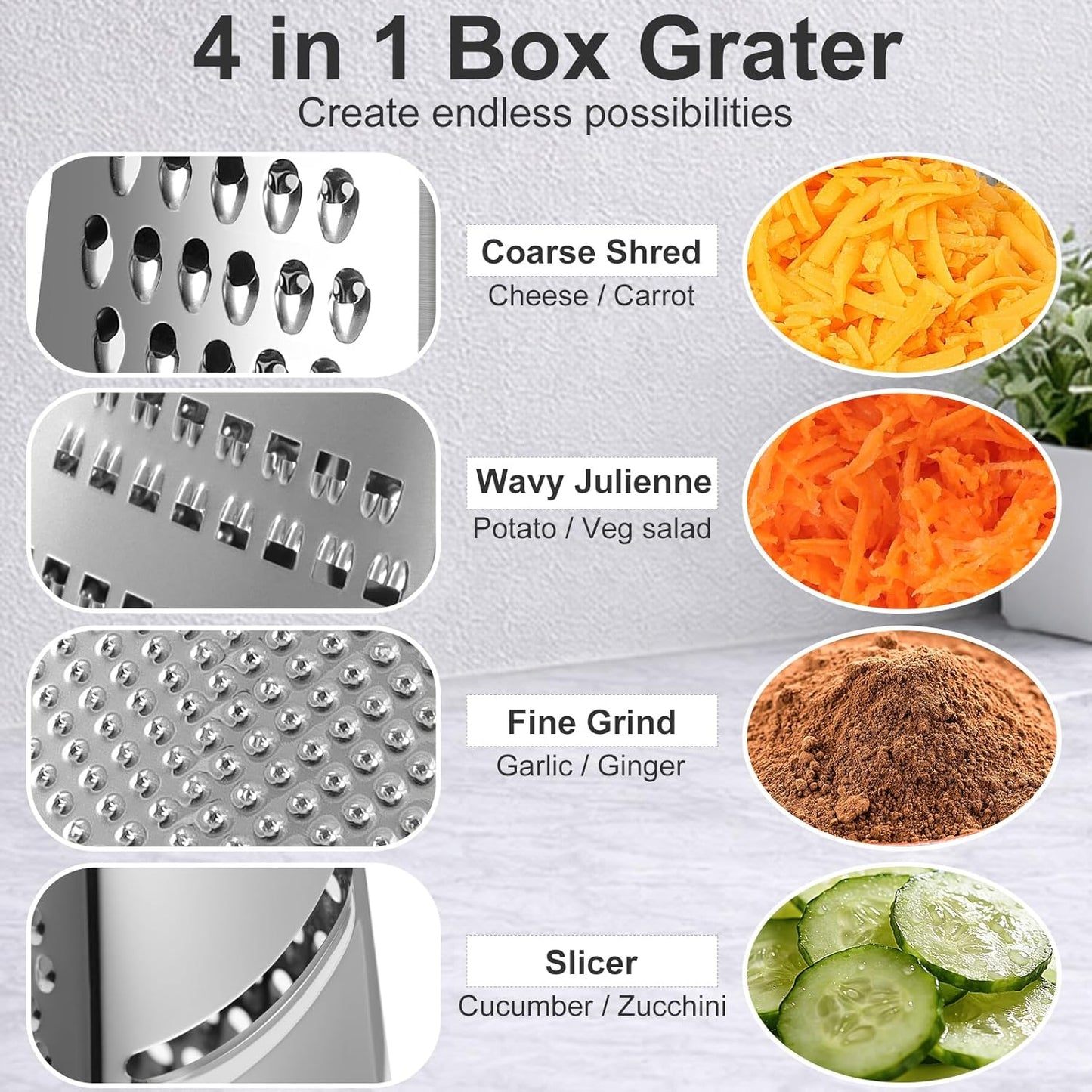 Cheese Grater, Handheld Box Grater with Container & Lid, 4-Sided Stainless Steel for Kitchen, Wavy Julienne, Slicer, Coarse Shred & Fine Zester, Non-Slip Base, Dishwasher Safe, 8 Inch